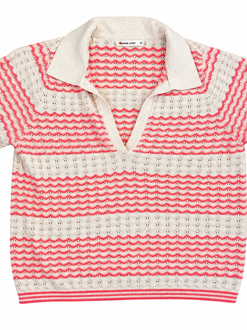 Marine Layer Women’s Cream & Pink Striped Knit Polo Top